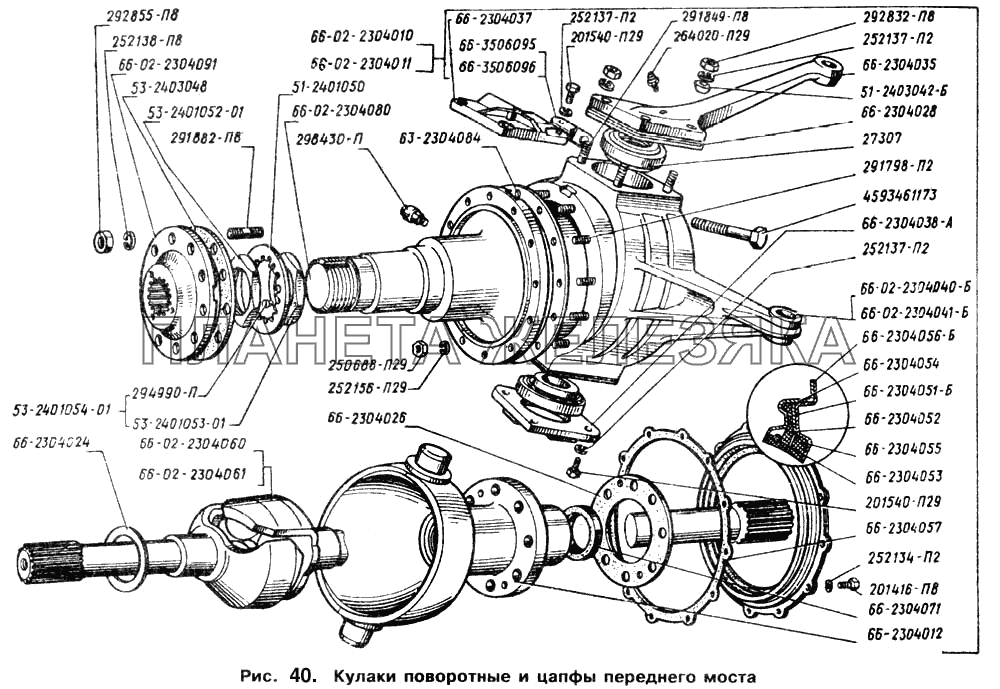 Кулаки поворотные и цапфы переднего моста ГАЗ-66 (Каталог 1996 г.)