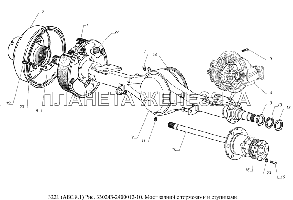 330243-2400012-10. Мост задний с тормозами и ступицами ГАЗ-3221 (Уст. АБС 8.1)