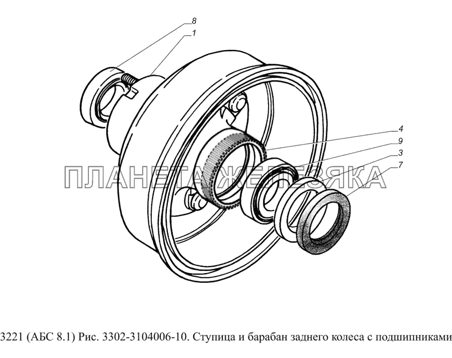 3302-3104006-10. Ступица и барабан заднего колеса с подшипниками ГАЗ-3221 (Уст. АБС 8.1)