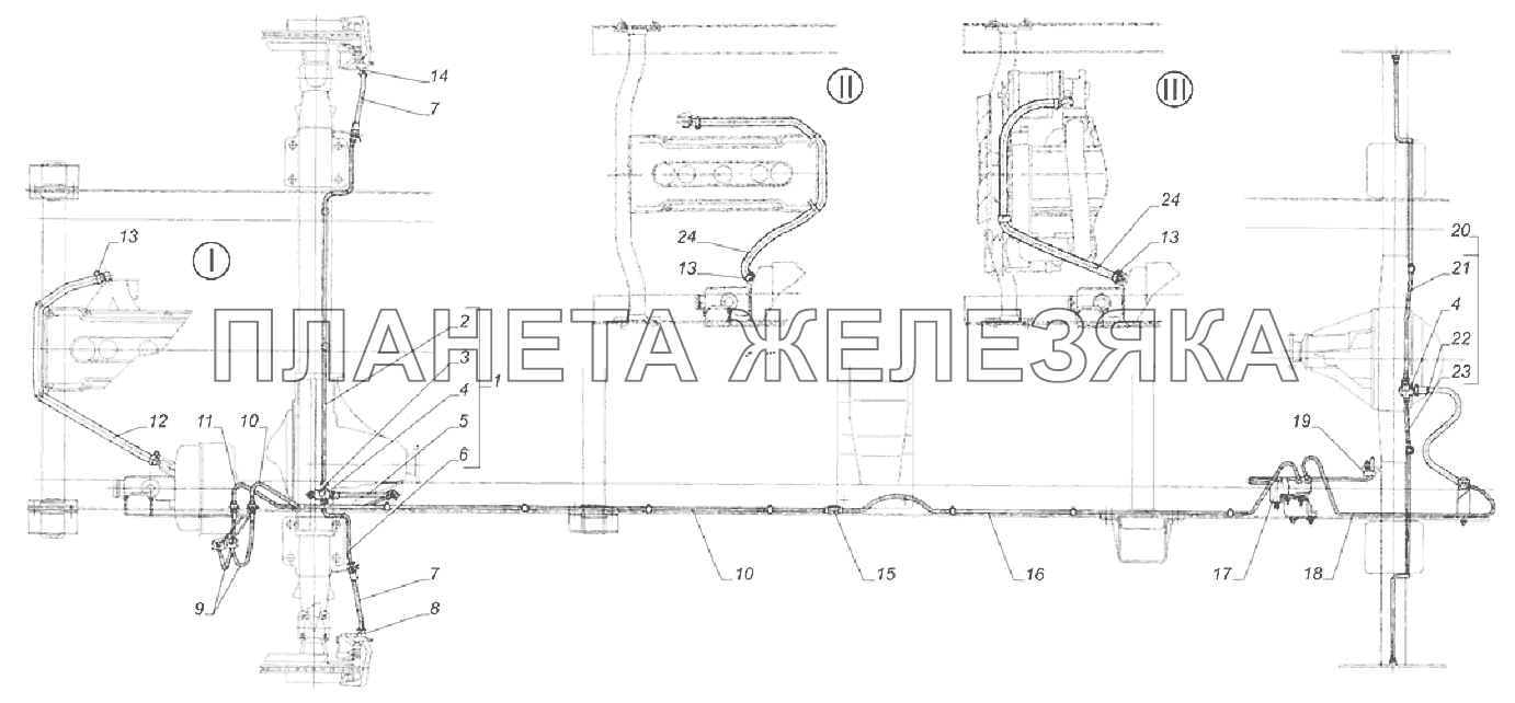 Трубопроводы тормозной системы.  I – автомобиля с двигателем ЗМЗ-4063, II – с дв. ЗМЗ-40522, III – с дв. ГАЗ-560 ГАЗель 4x4 (Дополнение)