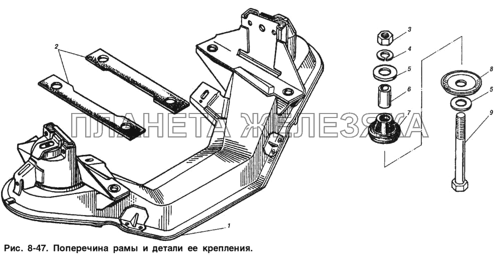 Поперечина рамы и детали ее крепления ИЖ 2715