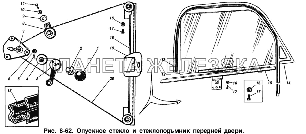 Опускное стекло и стеклоподъемник передней двери ИЖ 2715