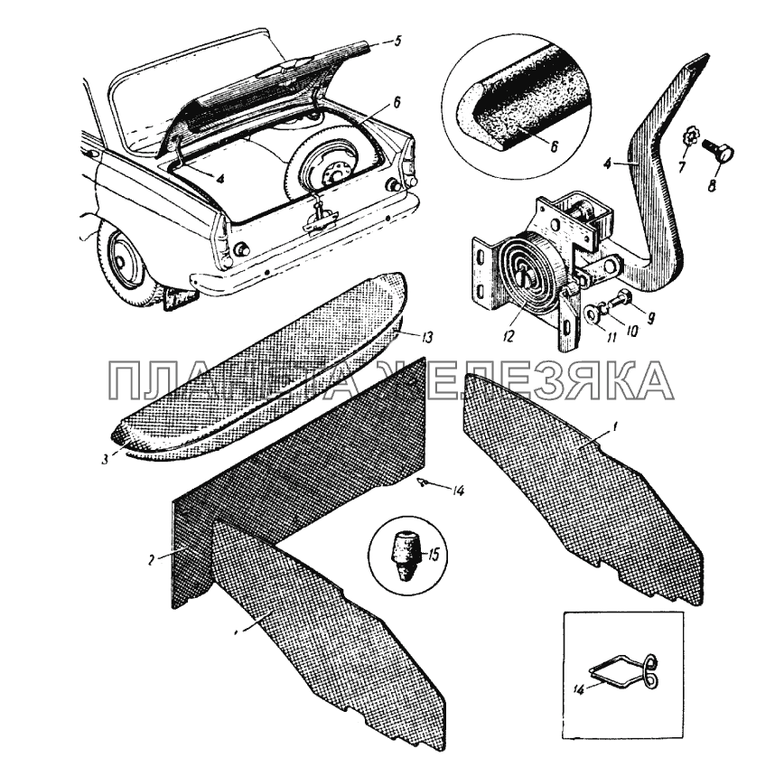 Крышка багажника с петлями, обивка и термошумоизоляционные панели (съемные) задка кузова автомобиля модели 412 ИЖ 427