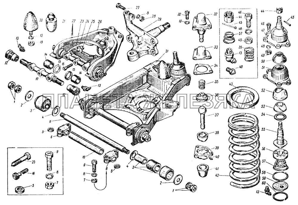 Пружина, стойка и рычаги передней подвески ИЖ 427