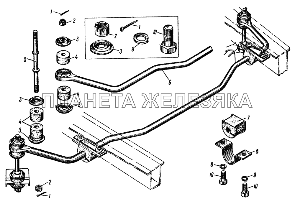 Стабилизатор поперечной устойчивости автомобиля и детали его крепления ИЖ 434