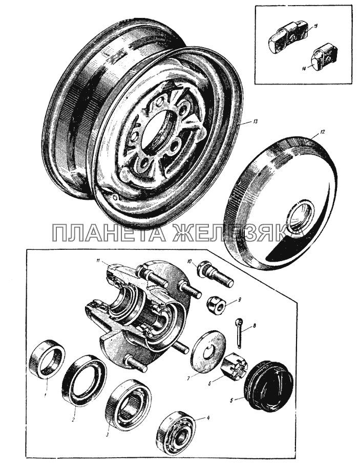 Колесо, декоративный колпак и ступица переднего колеса ИЖ 434