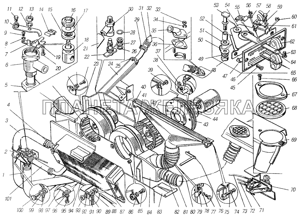 Установка элементов отопления и вентиляции кабины КамАЗ-4310 (каталог 2004 г)