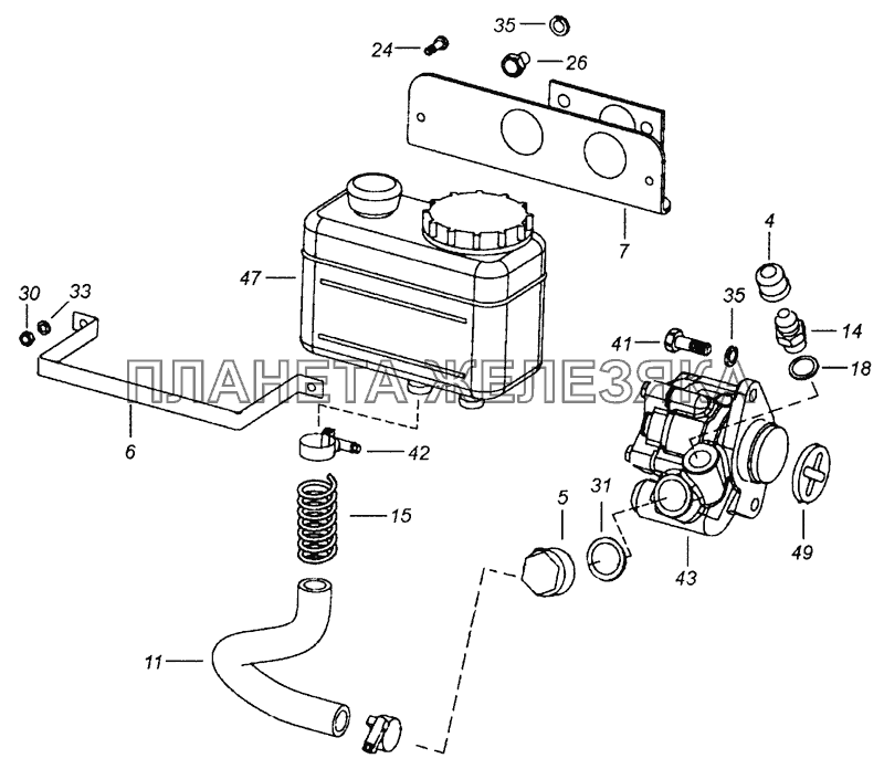 5308-3400019-10 Установка бачка и насоса ГУР - Tank and steering servo unit pump installation КамАЗ-43253, 43255 (Евро-4)