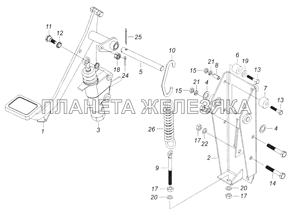 6520-1602008 Педаль сцепления с кронштейном и главным цилиндром КамАЗ-43261 (Евро-1, 2)