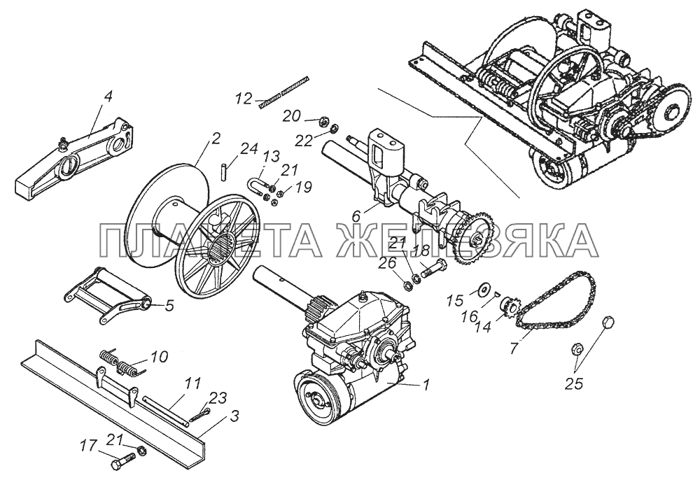4326-4501010 Тросоукладчик лебедки, барабан троса и поперечина КамАЗ-43261 (Евро-1, 2)
