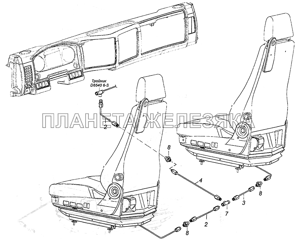 6460-6800900-02 Схема подключения пневмосистемы сидений КамАЗ-5308 (Евро 4)