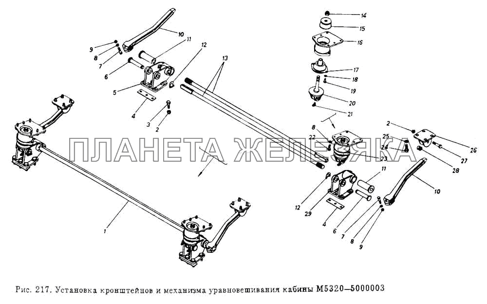 Установка кронштейнов и механизма уравновешивания кабины КамАЗ-55102