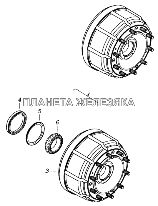 Ступица переднего колеса с барабаном, подшипником и манжетой КамАЗ-5460 (каталог 2005 г.)