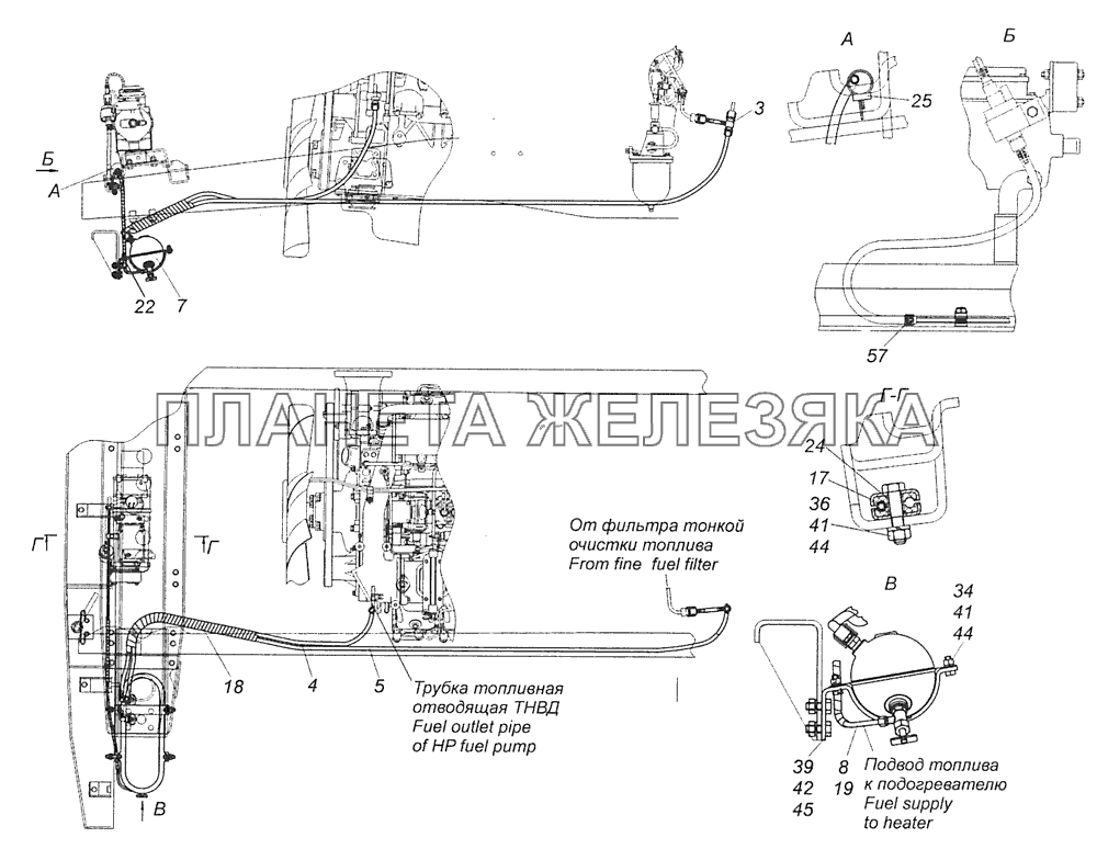 65116-8106002-30 Установка топливного бачка и топливопроводов подогревателя 14ТС КамАЗ-65115 (Евро-3)