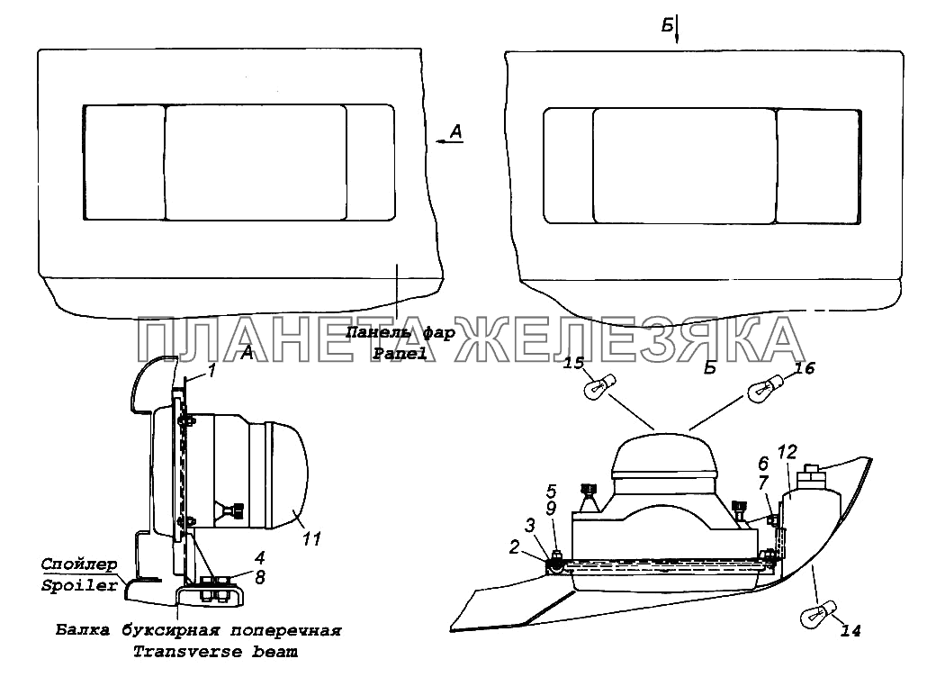Установка фар и переднего указателя поворота правый КамАЗ-65116