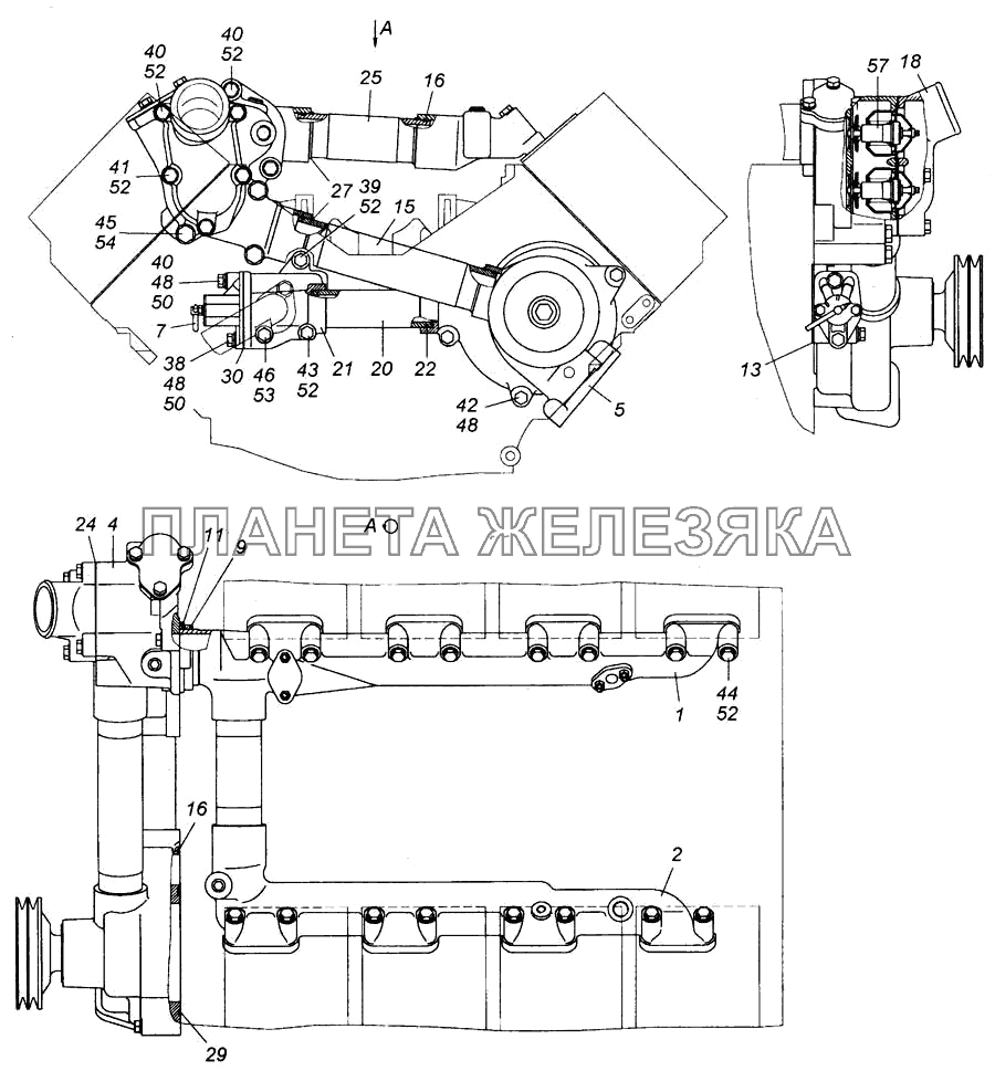 Установка водяного насоса, водяных труб и включателя гидромуфты КамАЗ-6540