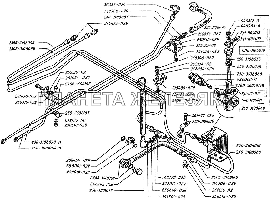 Трубопроводы гидроподъемника запасного колеса КрАЗ-250