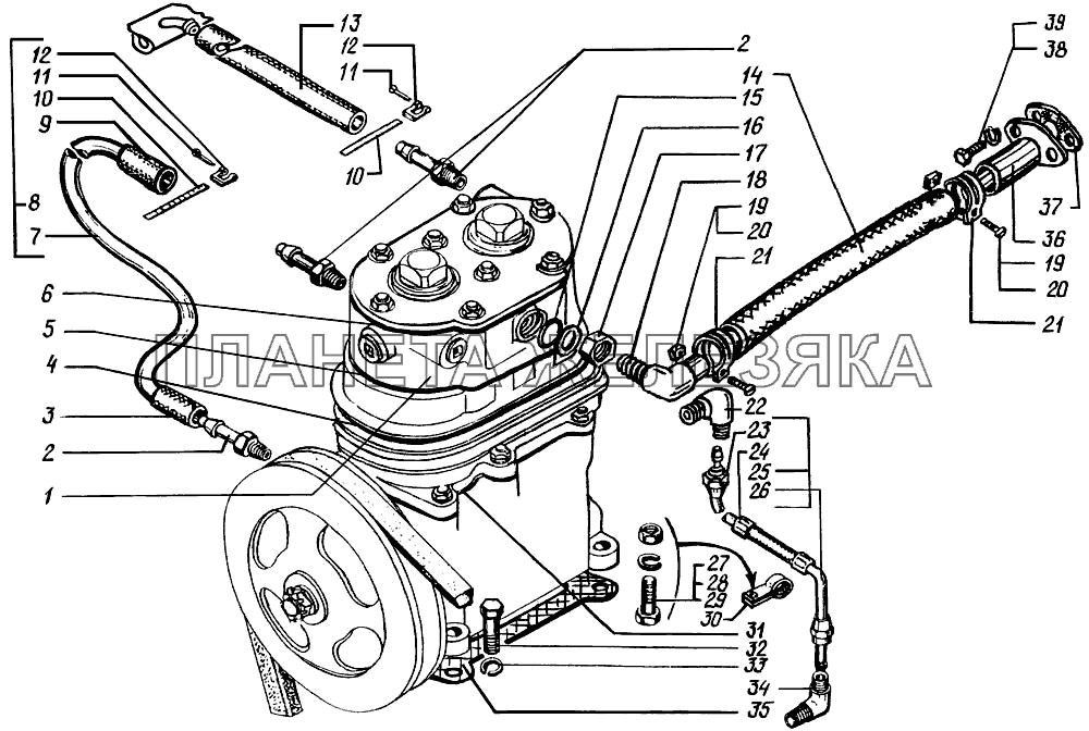 Установка и привод компрессора (после внесения конструктивных изменений) КрАЗ-6322