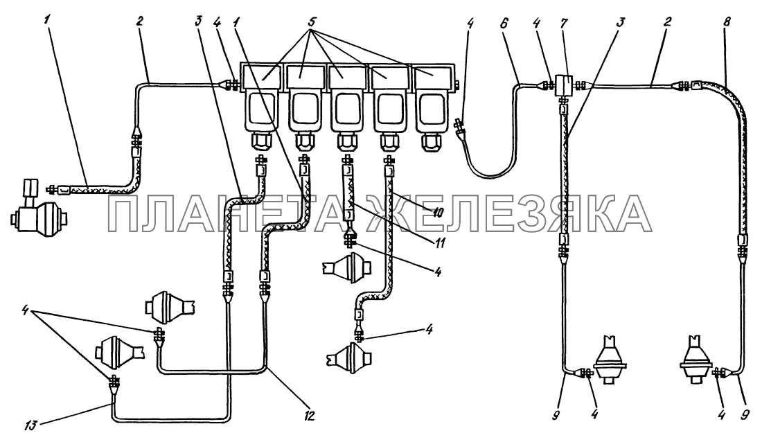 Воздухопроводы управления раздаточной коробкой, коробкой отбора мощности и блокировкой дифференциалов мостов КрАЗ-6322