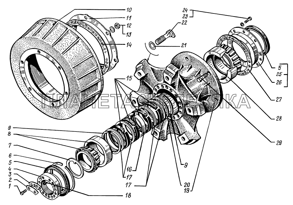 Ступица заднего колеса с тормозным барабаном КрАЗ-6322 (шасси)