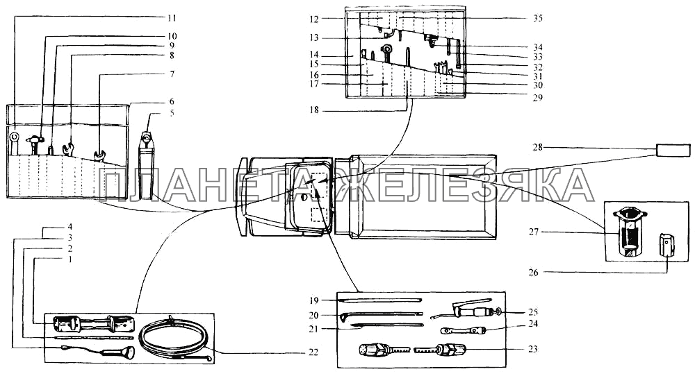 Раскладка инструмента под сиденьем пассажира КрАЗ-6443 (каталог 2004 г)