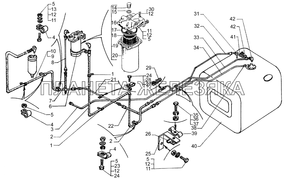 Топливные баки, топливопроводы и фильтр грубой очистки топлива автомобилей КрАЗ-65055-02, КрАЗ-65053-02 КрАЗ-64431-02