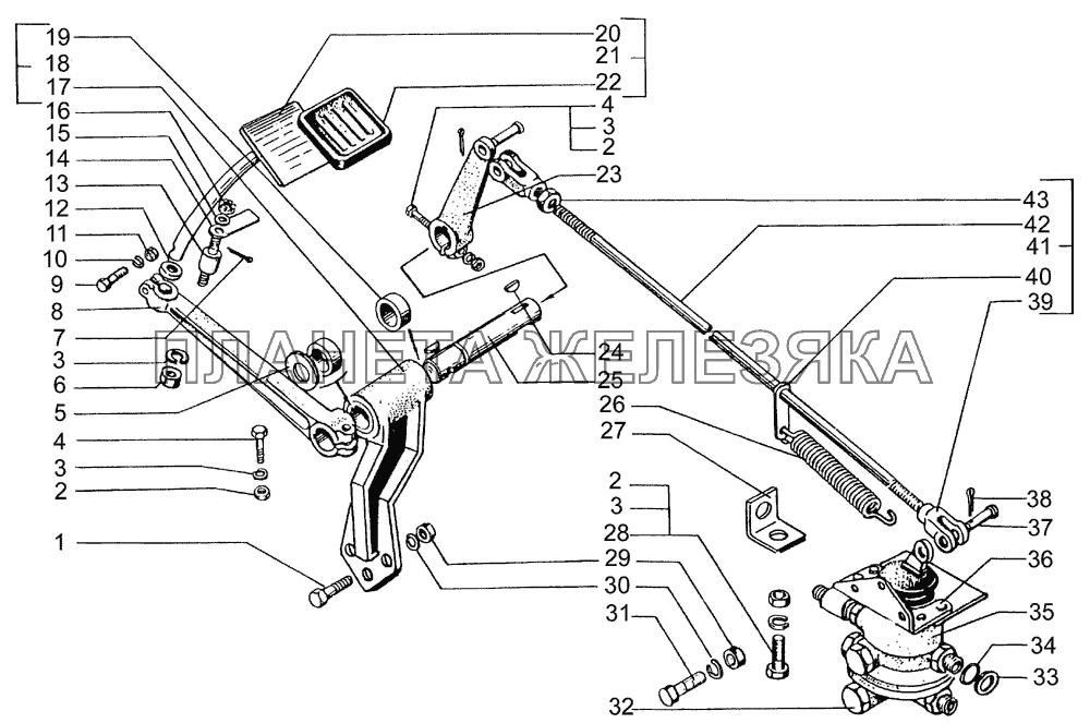 Педаль тормозная и привод управления двухсекционным тормозным краном КрАЗ-64431-02