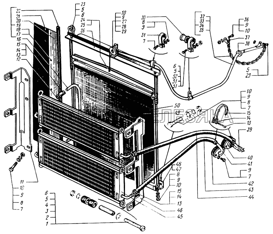Шторка радиатора с масляными радиаторами и привод шторки КрАЗ-65055