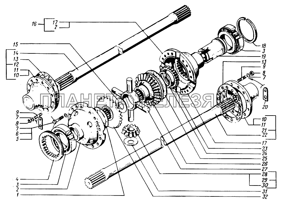 Межколесный дифференциал заднего моста и полуоси заднего (среднего) мостов КрАЗ-65055