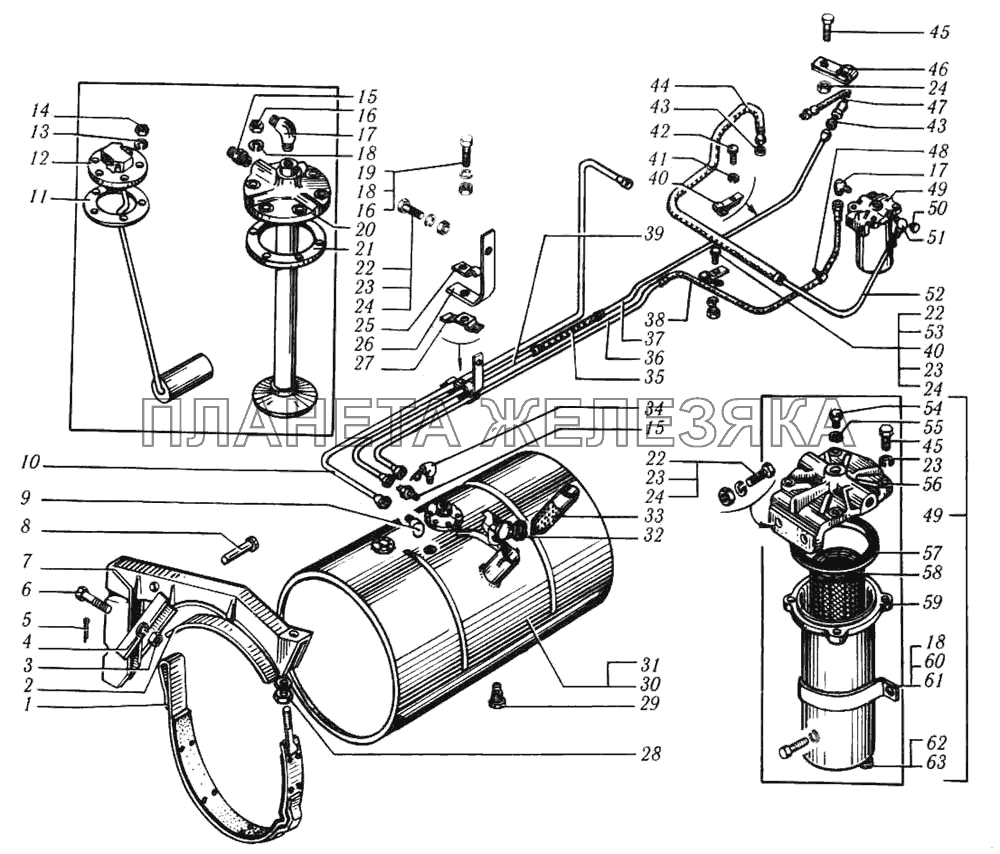 Топливный бак, топливопроводы и фильтр грубой очистки топлива автомобиля КрАЗ-6510 КрАЗ-6510