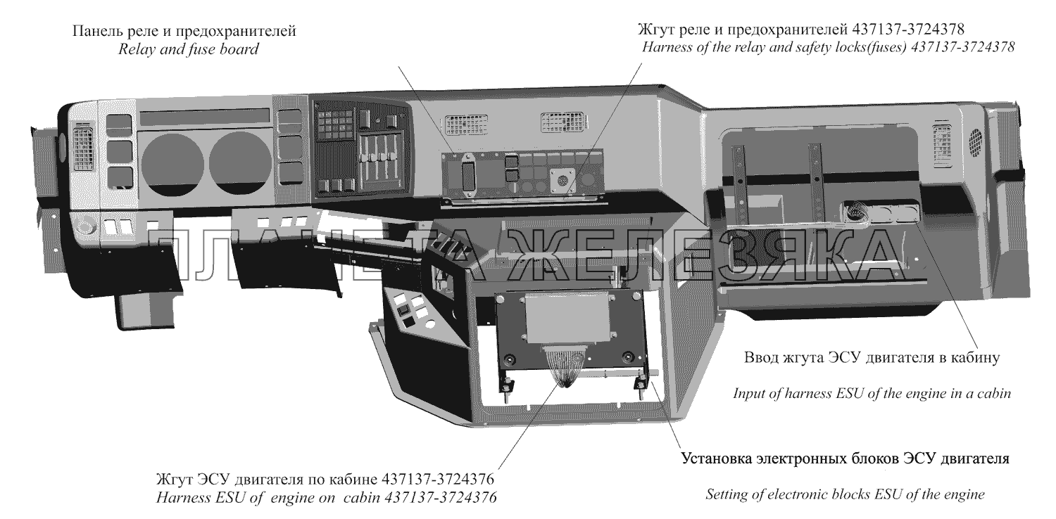Расположение элементов систем ЭСУ в кабине автомобиля 437137-3800060 МАЗ-437130 (Зубренок)