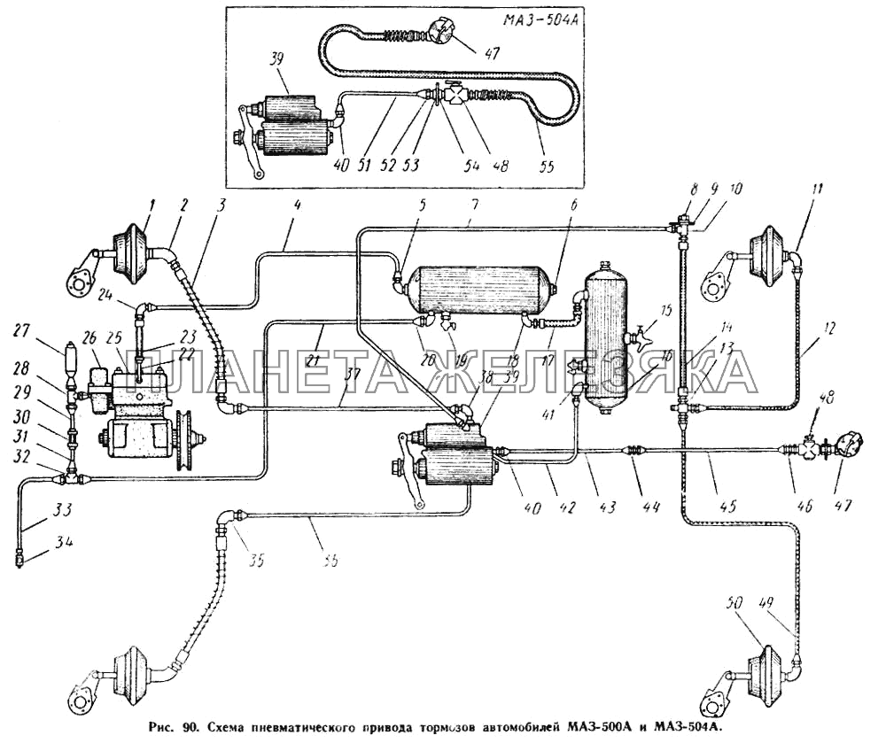 Схема пневматического привода тормозов автомобилей МАЗ-500А и МАЗ-504А МАЗ-500А