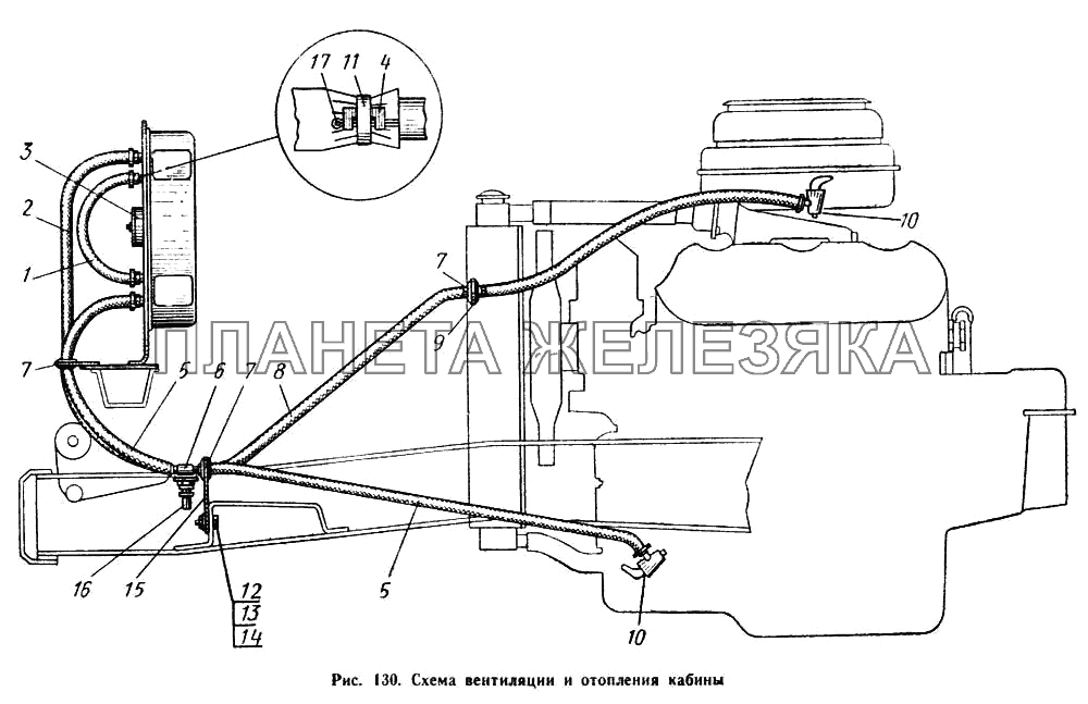 Схема вентиляции и отопления кабины МАЗ-504А