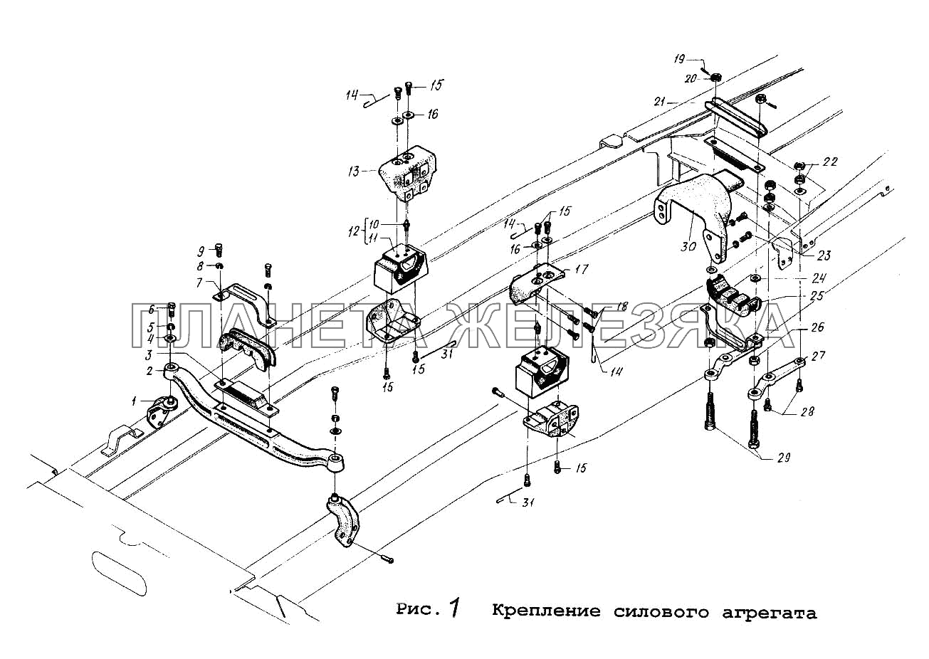 Крепление силового агрегата МАЗ-54323