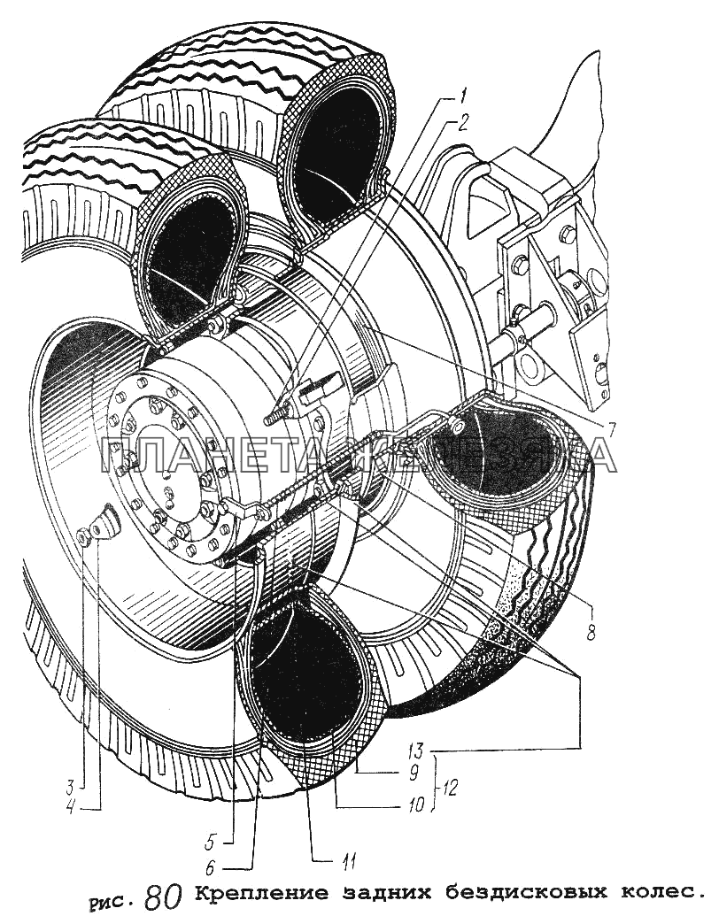 Крепление задних бездисковых колес МАЗ-64229