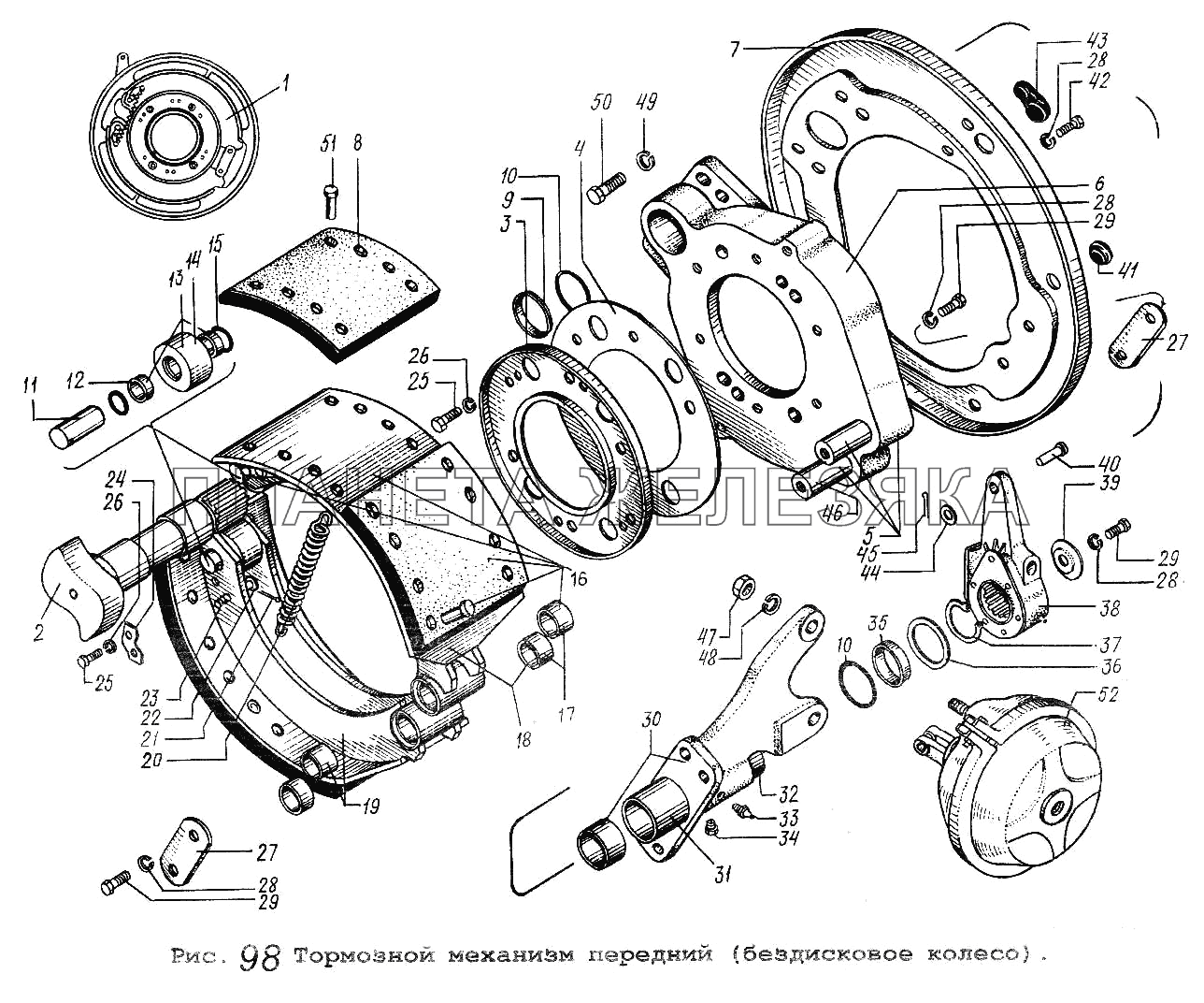 Тормозной механизм передний (бездисковое колесо) Общий (см. мод-ции)