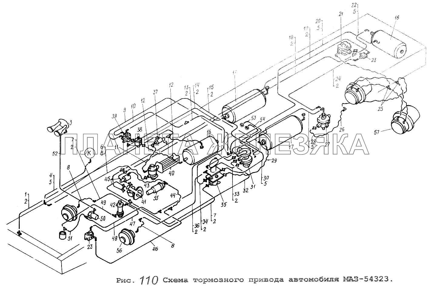 Схема тормозного привода автомобиля МАЗ-54323 Общий (см. мод-ции)
