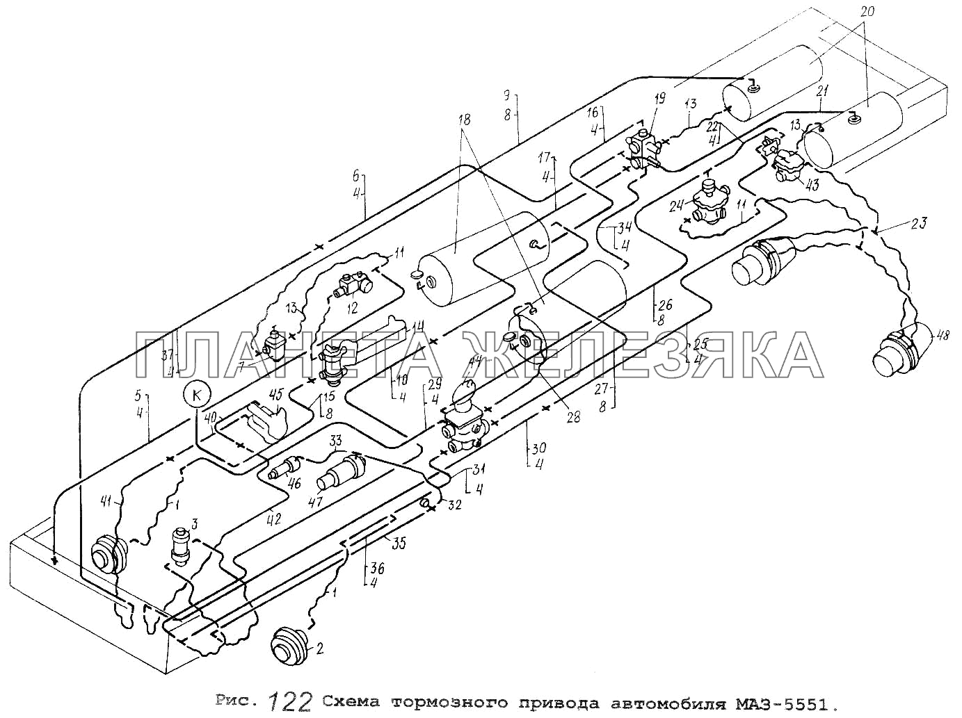 Схема тормозного привода автомобиля МАЗ-5551 Общий (см. мод-ции)