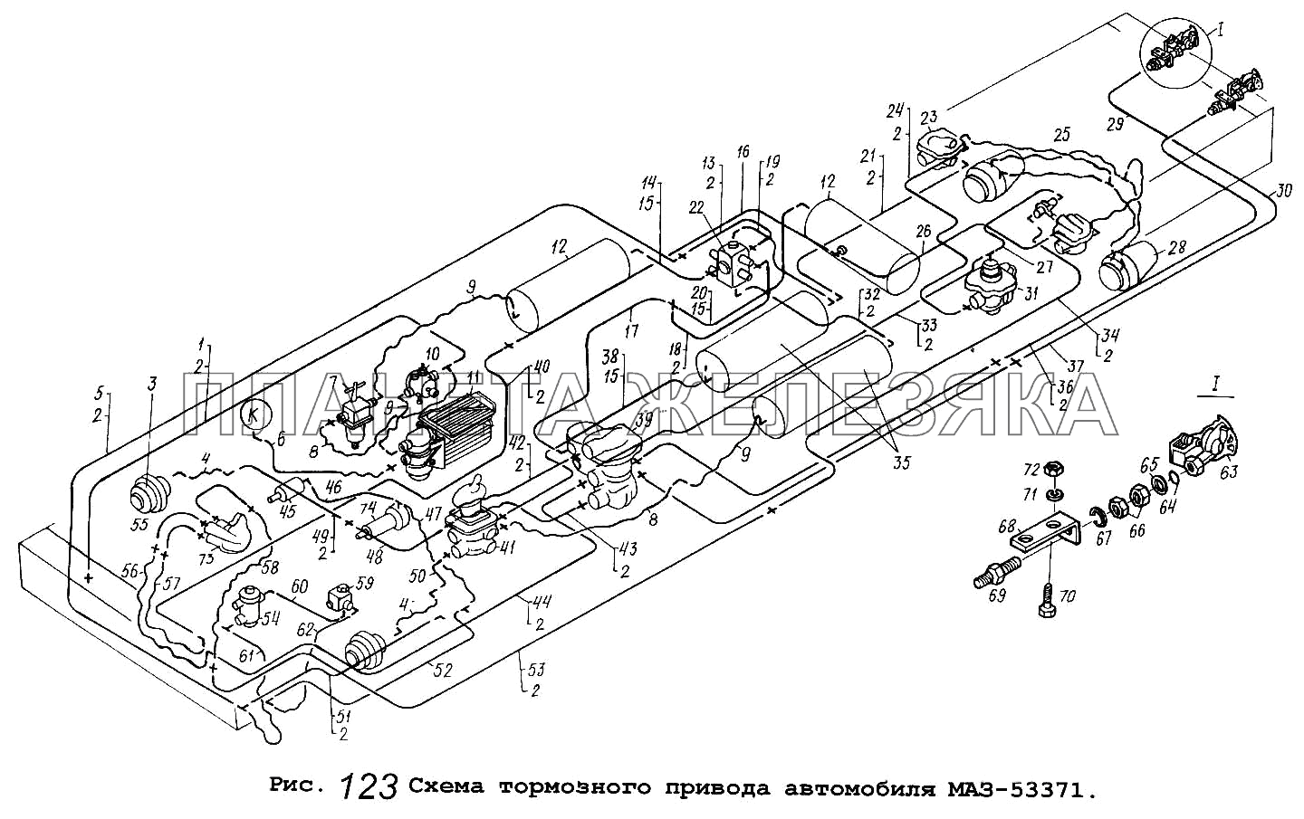 Схема тормозного привода автомобиля МАЗ-53371 Общий (см. мод-ции)