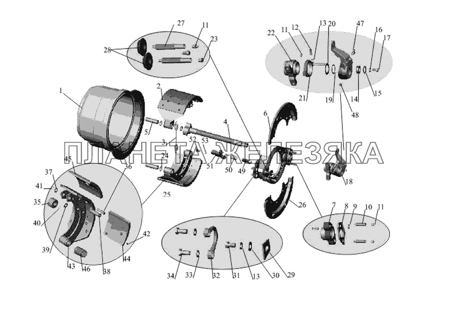 Тормозной механизм задних колес и средних колес (для барабана диаметром 410мм, с шириной накладок 220мм) МАЗ-533731
