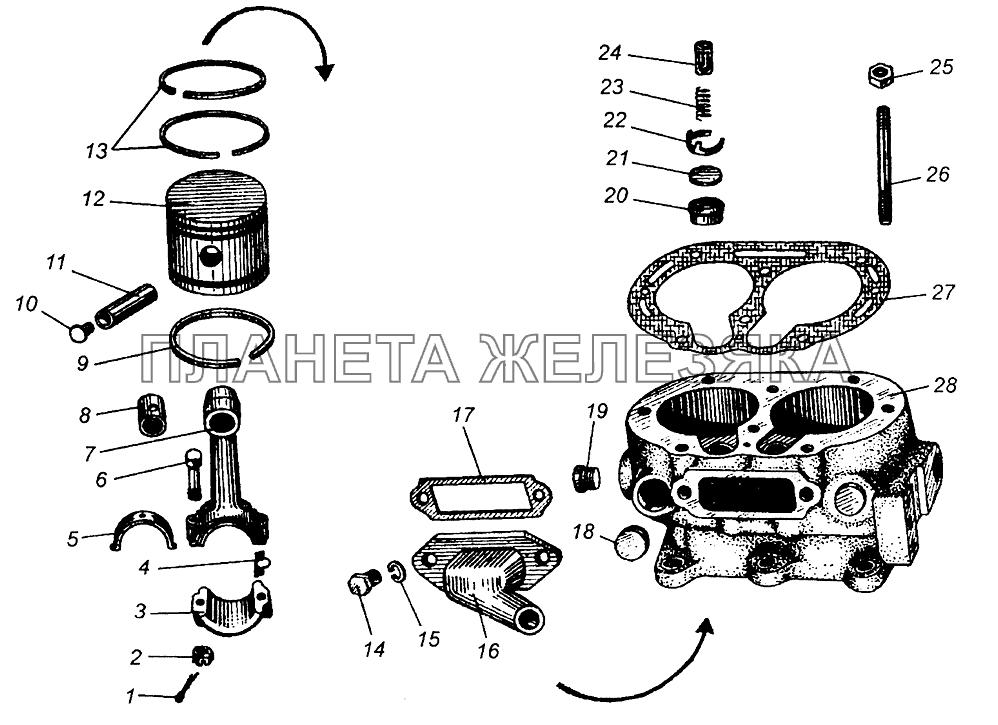 Блок цилиндров, поршни и шатуны компрессора МАЗ-5429