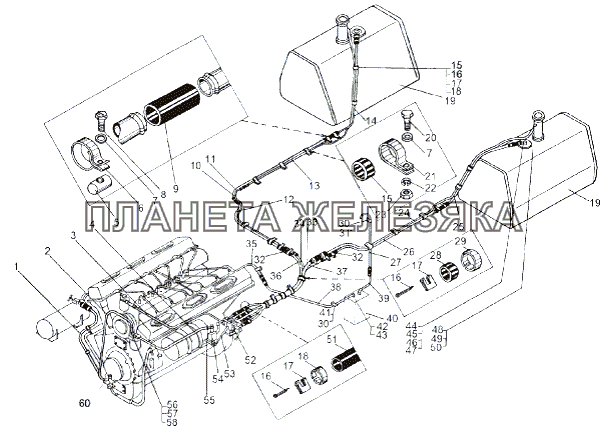 Монтажная схема топливопроводов 543 МАЗ-543 (7310)