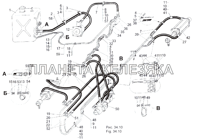 Установка шлангов и трубопроводов усилителя руля МАЗ-543 (7310)