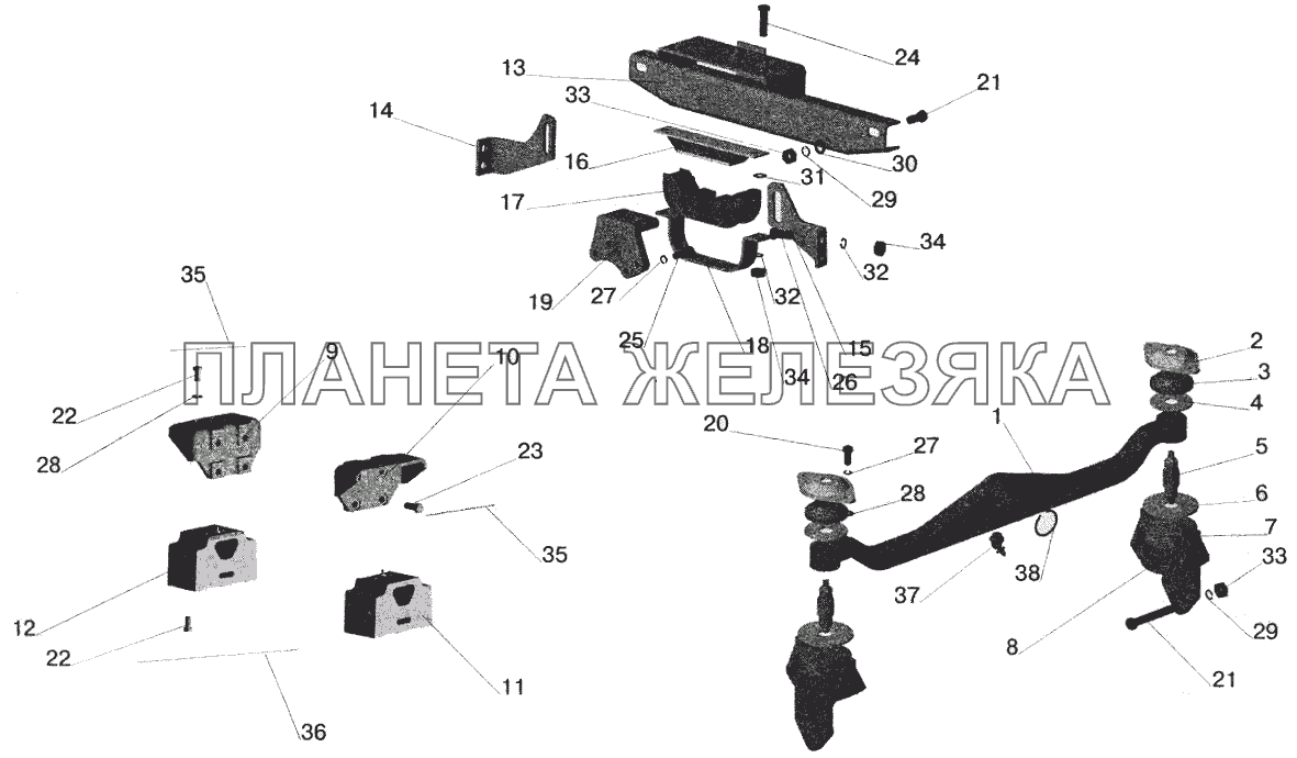 Крепление двигателя на автомобилях: МАЗ-642205, 543205 с КПП МАЗ-238М МАЗ-5432