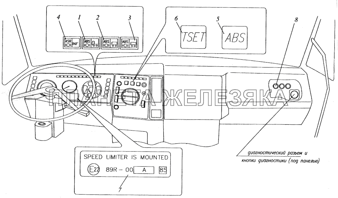 Расположение элементов АБС в кабине автомобилей семейства МАЗ-64221 (с малой кабиной) МАЗ-543202