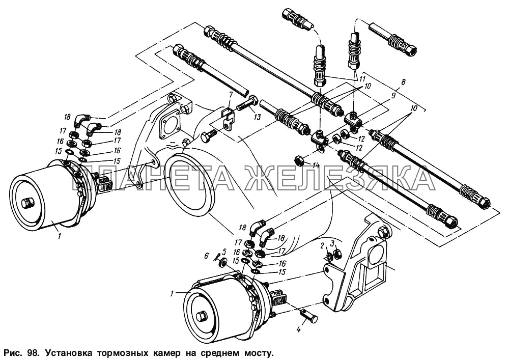 Установка тормозных камер на среднем мосту МАЗ-54321