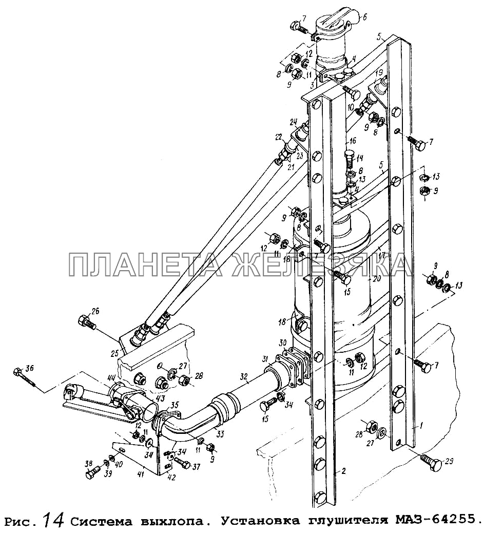 Система выхлопа. Установка глушителя МАЗ-64255 МАЗ-5434