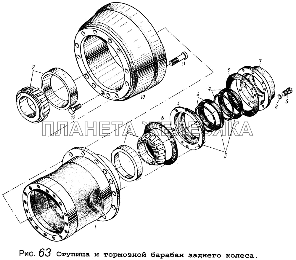 Ступица и тормозной барабан заднего колеса МАЗ-5434