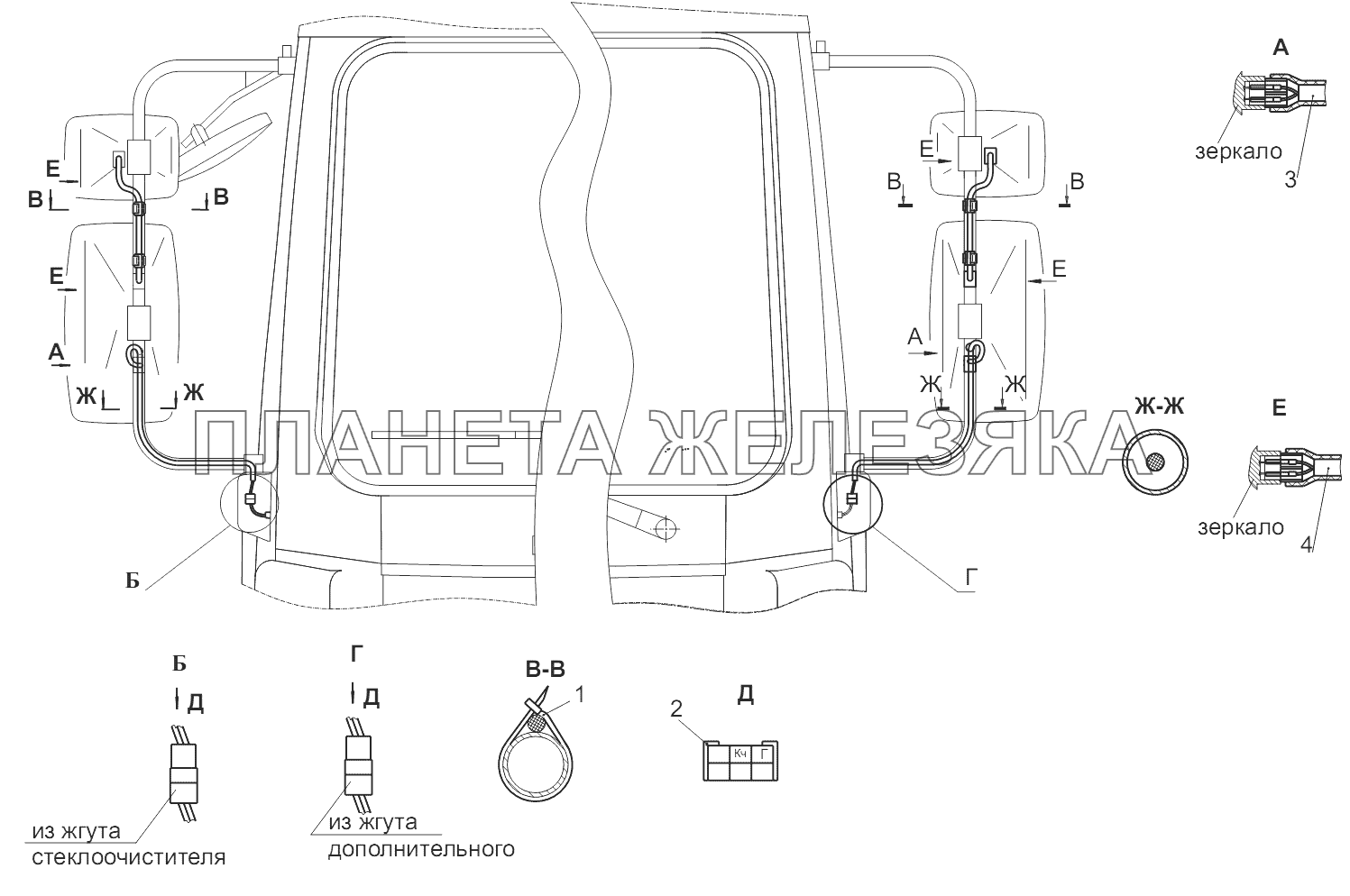 Установка кабелей обогрева зеркал 6430-3700108, 6430-3700108-700 МАЗ-5440B9, 6430B9