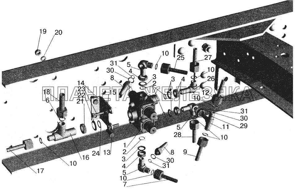 Крепление четырехконтурного клапана (рессорная подвеска, без ограничения скорости) МАЗ-543208, 543205 МАЗ-5516 (2003)